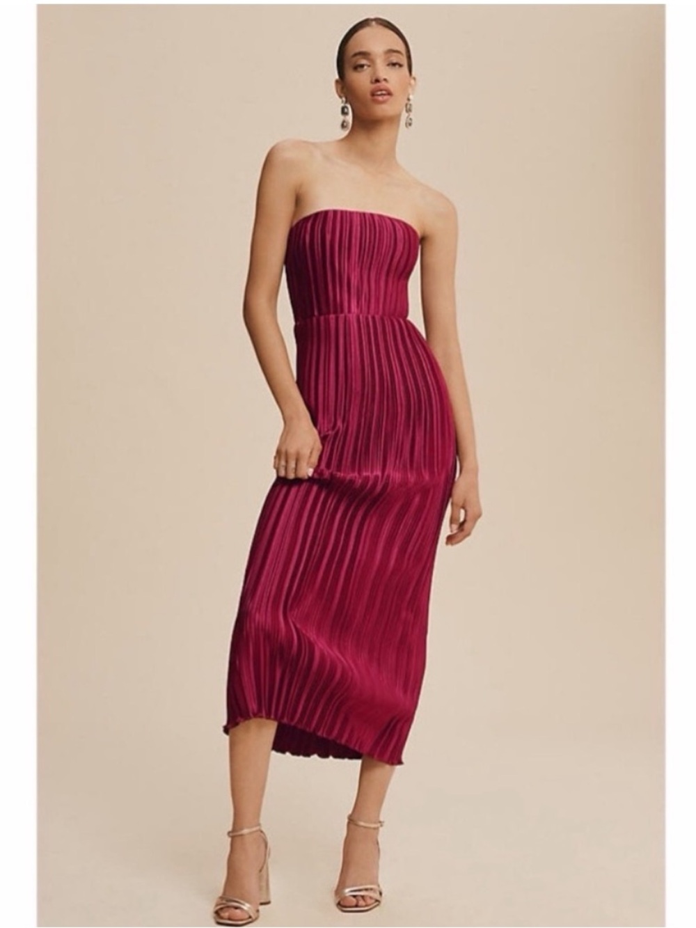 NWT L’IDEE Dress Gatsby Midi Strapless Pleated in Red Berry